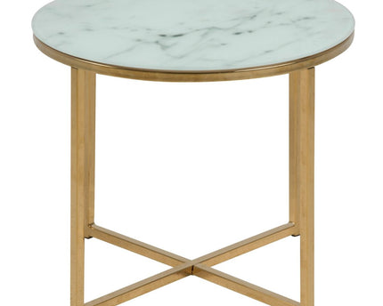 Alisma Round Side Table with White Crystal Clear Marble Glass Top & Gold Legs