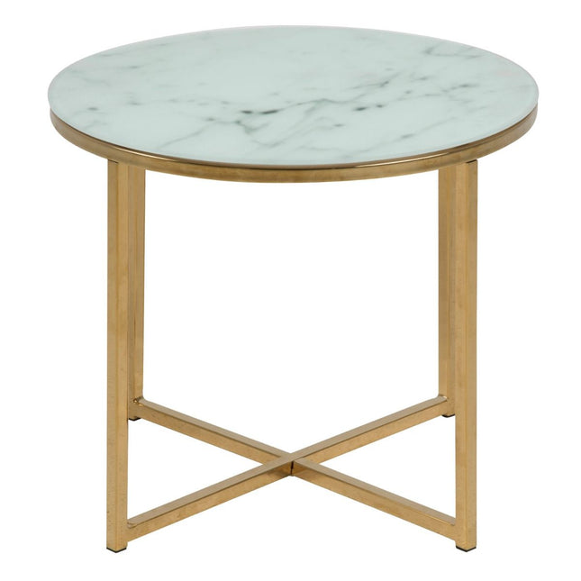 Alisma Round Side Table with White Crystal Clear Marble Glass Top & Gold Legs