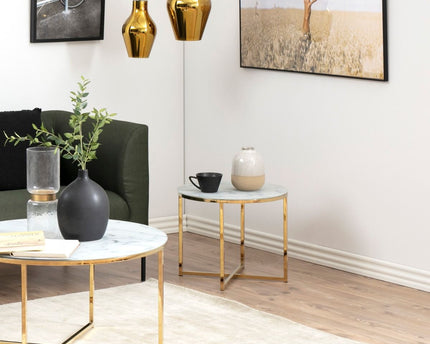 Alisma Round Side Table with White Crystal Clear Marble Glass Top & Gold Legs