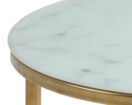 Alisma Round Side Table with White Crystal Clear Marble Glass Top & Gold Legs