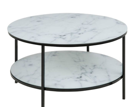 Alisma Round Coffee Table with White Crystal Clear Marble Glass Top & Black Legs