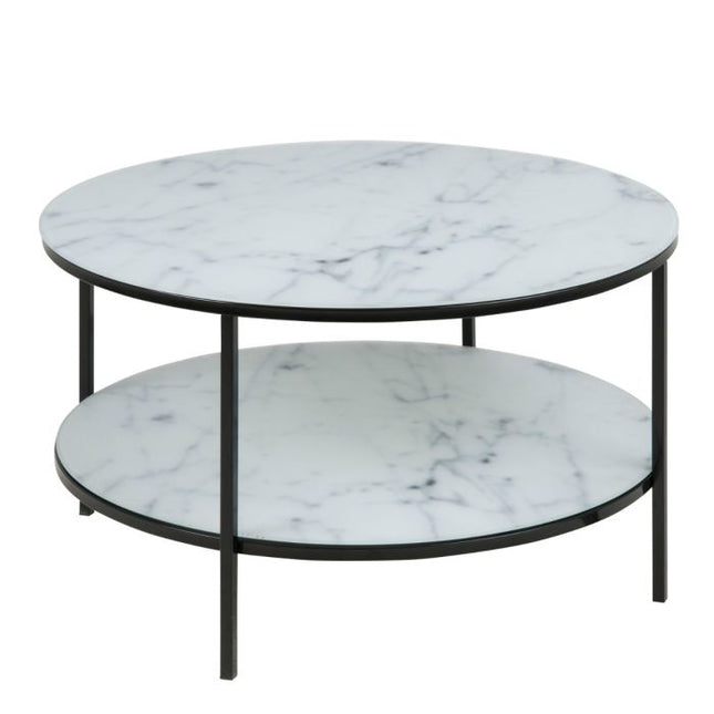 Alisma Round Coffee Table with White Crystal Clear Marble Glass Top & Black Legs