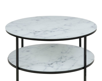 Alisma Round Coffee Table with White Crystal Clear Marble Glass Top & Black Legs