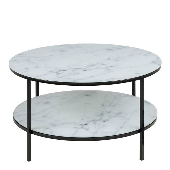 Alisma Round Coffee Table with White Crystal Clear Marble Glass Top & Black Legs