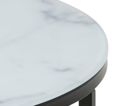 Alisma Round Coffee Table with White Crystal Clear Marble Glass Top & Black Legs