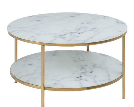 Alisma Round Coffee Table with White Crystal Clear Marble Glass Top & Gold Legs