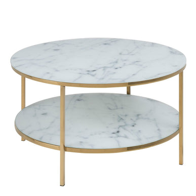 Alisma Round Coffee Table with White Crystal Clear Marble Glass Top & Gold Legs