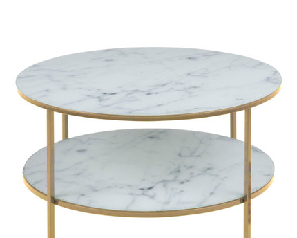 Alisma Round Coffee Table with White Crystal Clear Marble Glass Top & Gold Legs