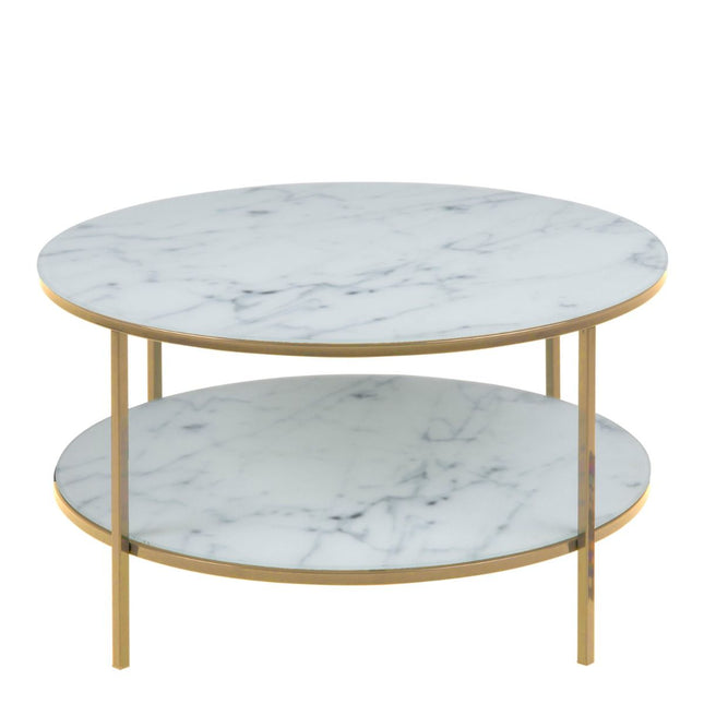 Alisma Round Coffee Table with White Crystal Clear Marble Glass Top & Gold Legs