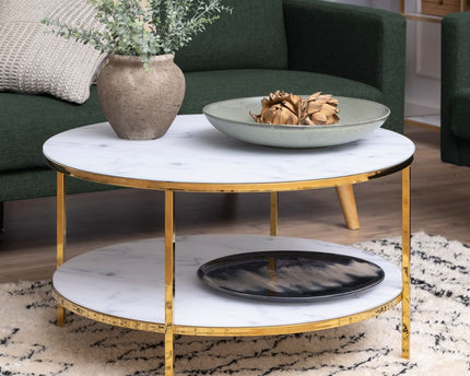 Alisma Round Coffee Table with White Crystal Clear Marble Glass Top & Gold Legs