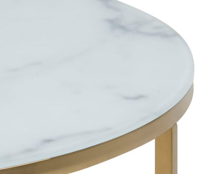 Alisma Round Coffee Table with White Crystal Clear Marble Glass Top & Gold Legs