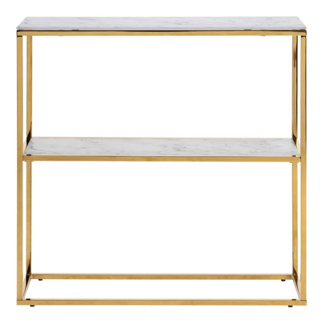 Alisma Console Table with White Crystal Clear Marble Glass Top & Gold Legs