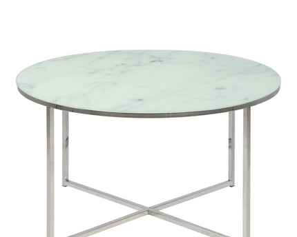 Alisma Round Coffee Table with White Marble Effect Glass Top & Silver Legs