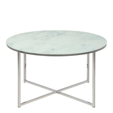 Alisma Round Coffee Table with White Marble Effect Glass Top & Silver Legs