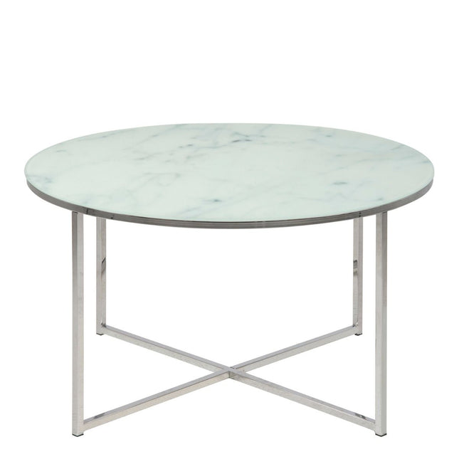 Alisma Round Coffee Table with White Marble Effect Glass Top & Silver Legs