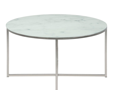 Alisma Round Coffee Table with White Marble Effect Glass Top & Silver Legs