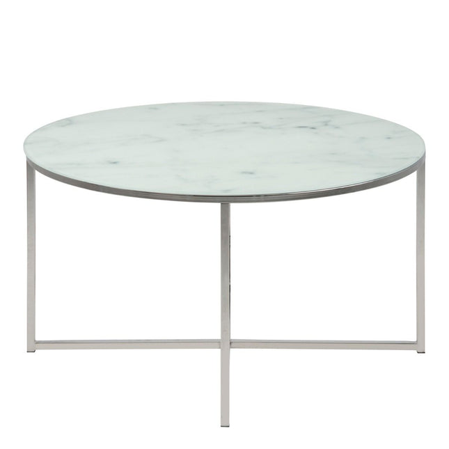 Alisma Round Coffee Table with White Marble Effect Glass Top & Silver Legs