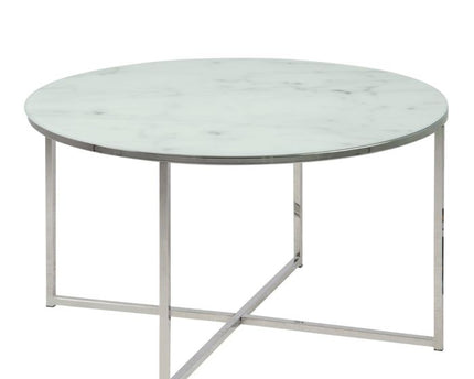 Alisma Round Coffee Table with White Marble Effect Glass Top & Silver Legs