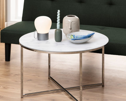 Alisma Round Coffee Table with White Marble Effect Glass Top & Silver Legs