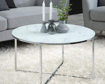 Alisma Round Coffee Table with White Marble Effect Glass Top & Silver Legs