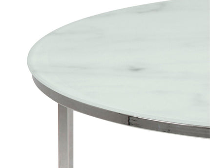 Alisma Round Coffee Table with White Marble Effect Glass Top & Silver Legs