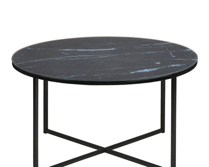 Alisma Round Coffee Table with Black Marble Effect Glass Top & Black Legs