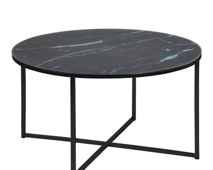 Alisma Round Coffee Table with Black Marble Effect Glass Top & Black Legs