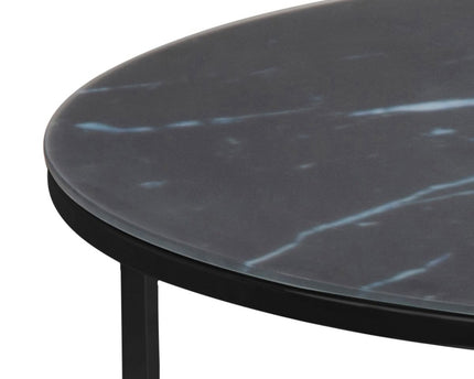 Alisma Round Coffee Table with Black Marble Effect Glass Top & Black Legs