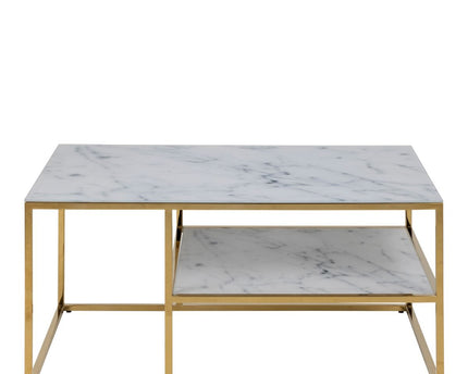 Alisma Open Shelf Coffee Table with White Crystal Clear Marble Glass Top & Gold Legs