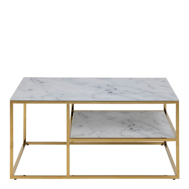 Alisma Open Shelf Coffee Table with White Crystal Clear Marble Glass Top & Gold Legs