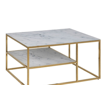 Alisma Open Shelf Coffee Table with White Crystal Clear Marble Glass Top & Gold Legs