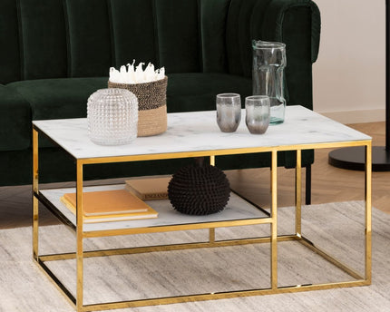 Alisma Open Shelf Coffee Table with White Crystal Clear Marble Glass Top & Gold Legs