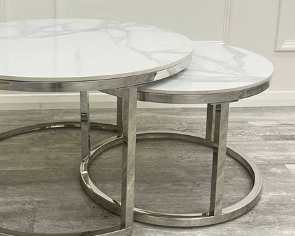 Cato Nest of 2 Short Round Coffee Silver Tables with Polar White Sintered Stone Tops