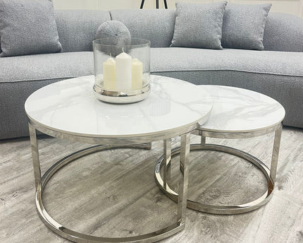 Cato Nest of 2 Short Round Coffee Silver Tables with Polar White Sintered Stone Tops