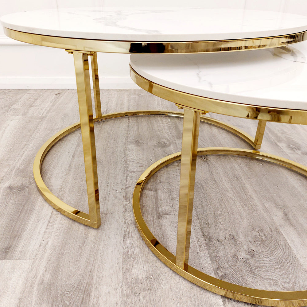 Cato Nest of 2 Round Coffee Gold Tables with Polar White Sintered Stone Tops