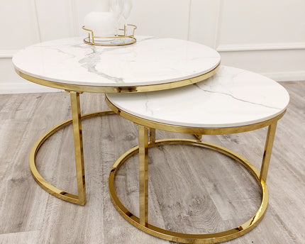 Cato Nest of 2 Round Coffee Gold Tables with Polar White Sintered Stone Tops