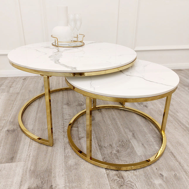 Cato Nest of 2 Round Coffee Gold Tables with Polar White Sintered Stone Tops