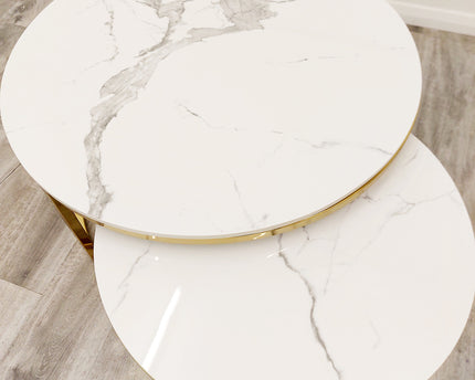 Cato Nest of 2 Round Coffee Gold Tables with Polar White Sintered Stone Tops