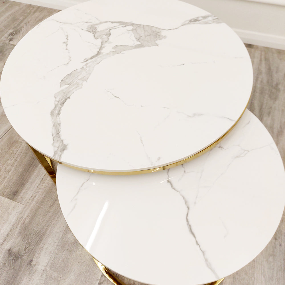 Cato Nest of 2 Round Coffee Gold Tables with Polar White Sintered Stone Tops