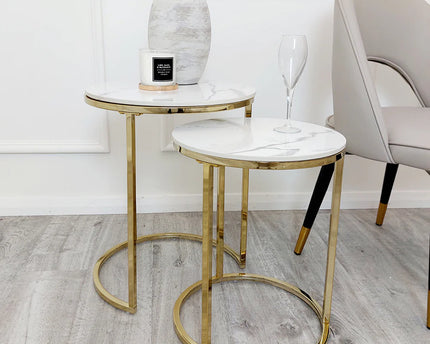 Cato Nest of 2 Tall Gold End Tables with Polar White Sintered Stone Tops