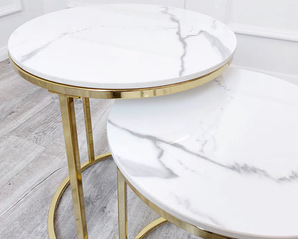 Cato Nest of 2 Tall Gold End Tables with Polar White Sintered Stone Tops