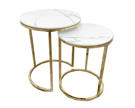 Cato Nest of 2 Tall Gold End Tables with Polar White Sintered Stone Tops