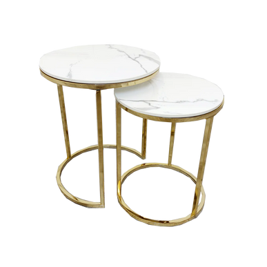 Cato Nest of 2 Tall Gold End Tables with Polar White Sintered Stone Tops