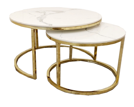 Cato Nest of 2 Round Coffee Gold Tables with Polar White Sintered Stone Tops