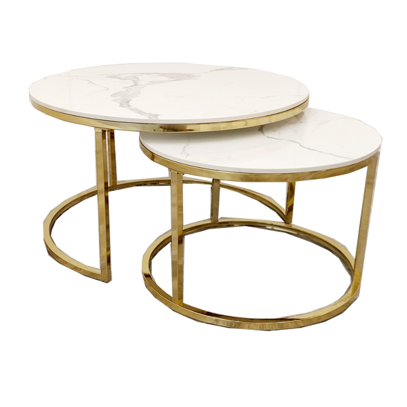 Cato Nest of 2 Round Coffee Gold Tables with Polar White Sintered Stone Tops