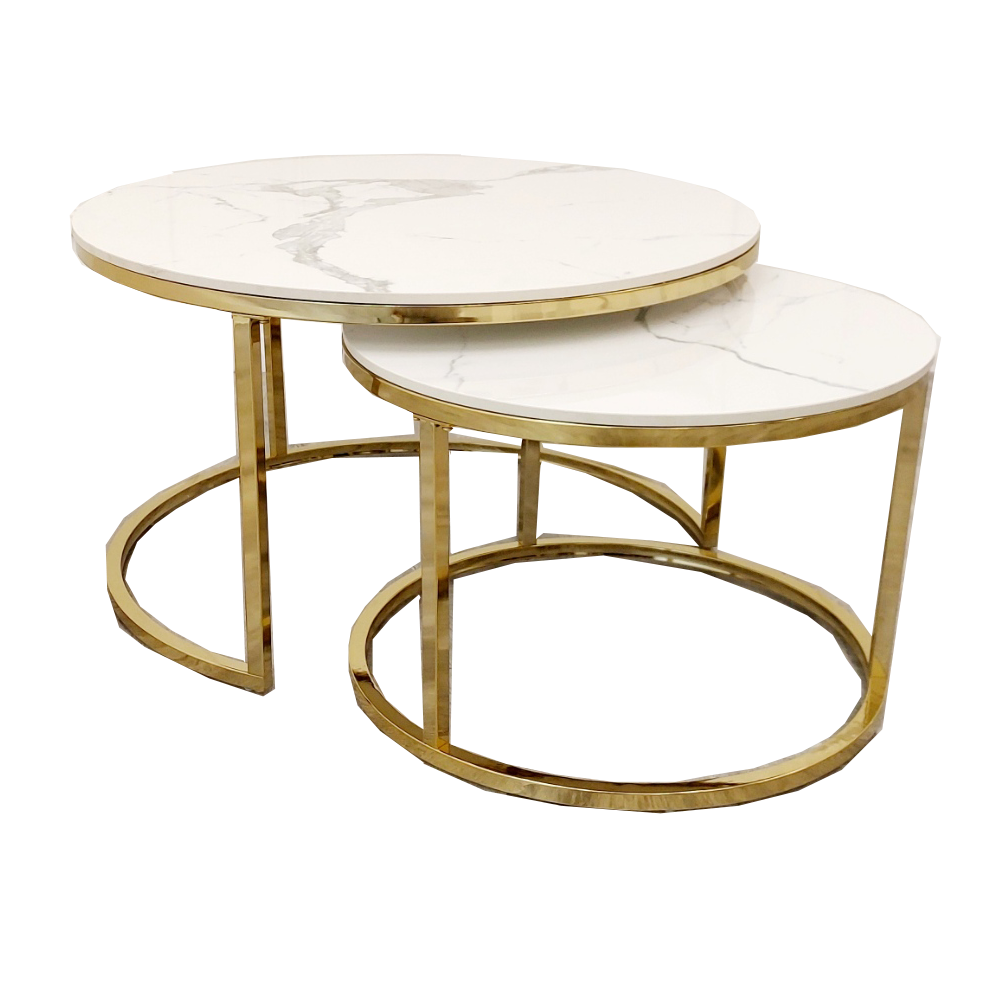 Cato Nest of 2 Round Coffee Gold Tables with Polar White Sintered Stone Tops