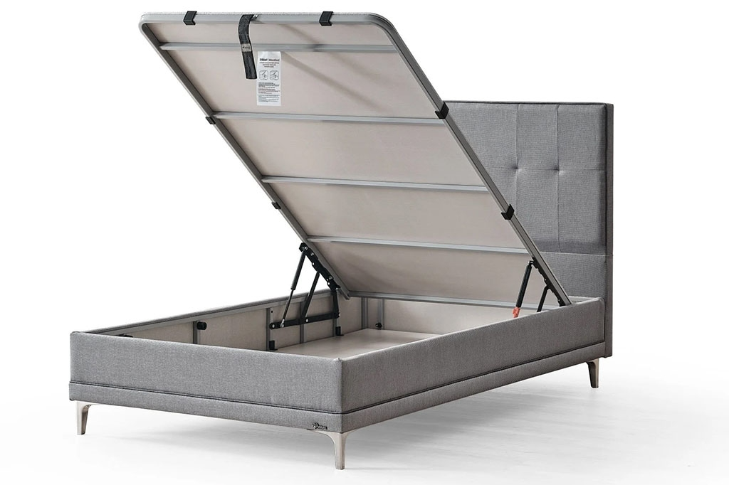 Modern Grey Upholstered Ottoman Storage Bed Frame with Tufted Headboard