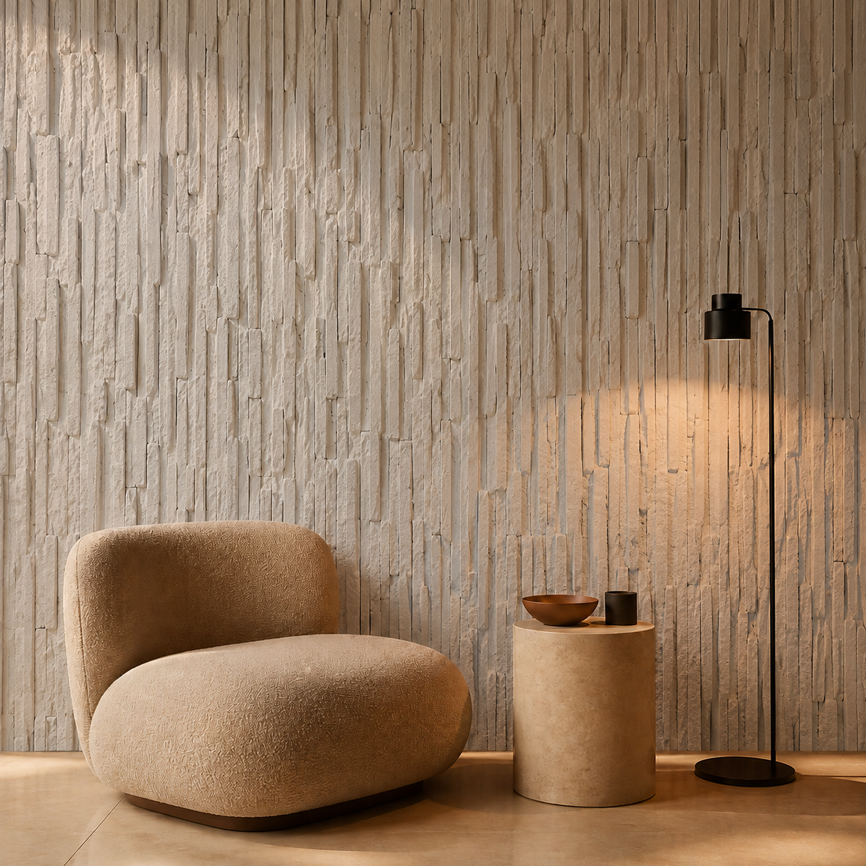 Wall panel stone textured PU wall panel in snow white color - 240cm x 60cm