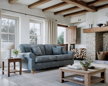 Model 33 - 2 Seater Sofa - Fabric Sofa with Rolled Arms & Scatter Cushions