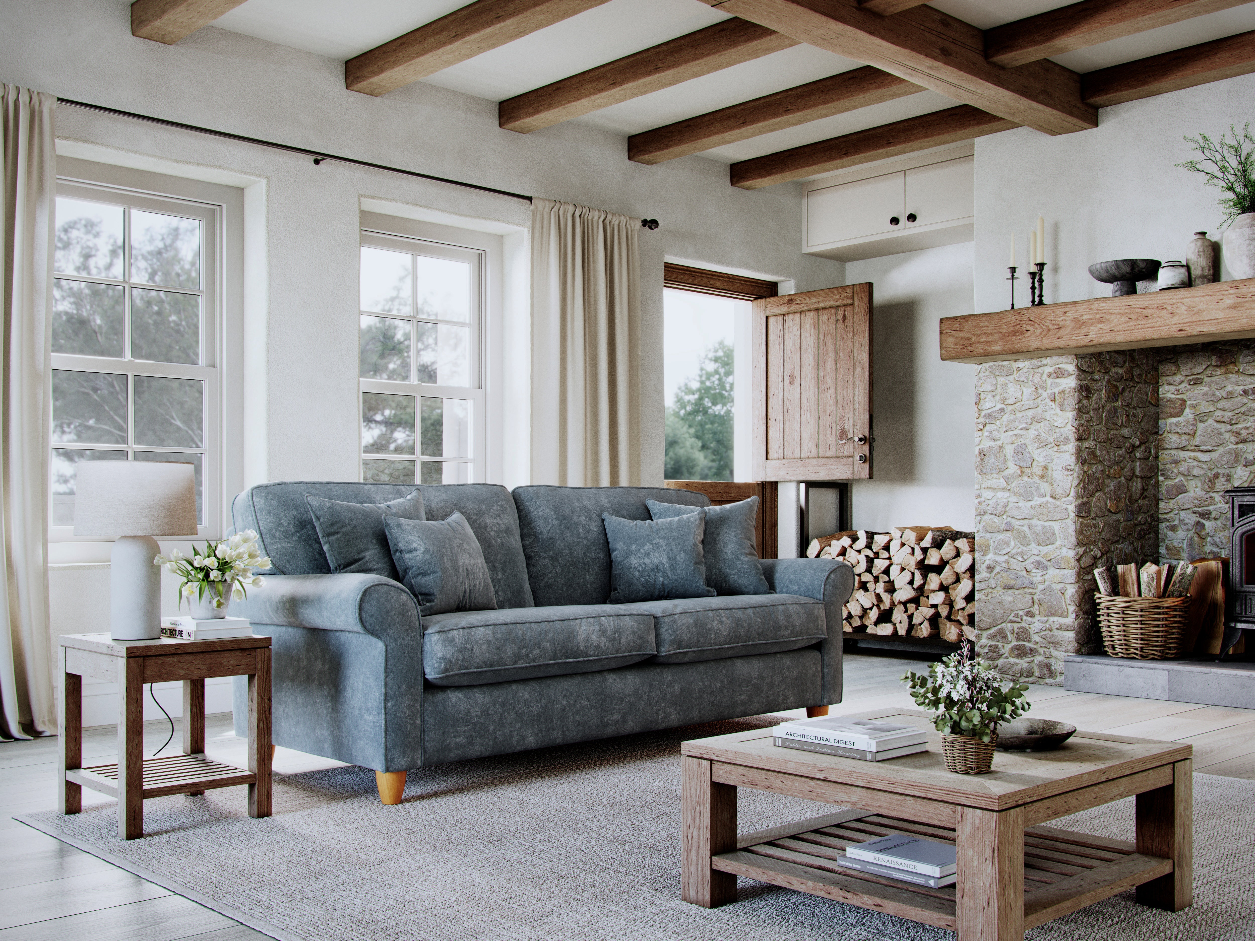 Model 33 - 2 Seater Sofa - Fabric Sofa with Rolled Arms & Scatter Cushions